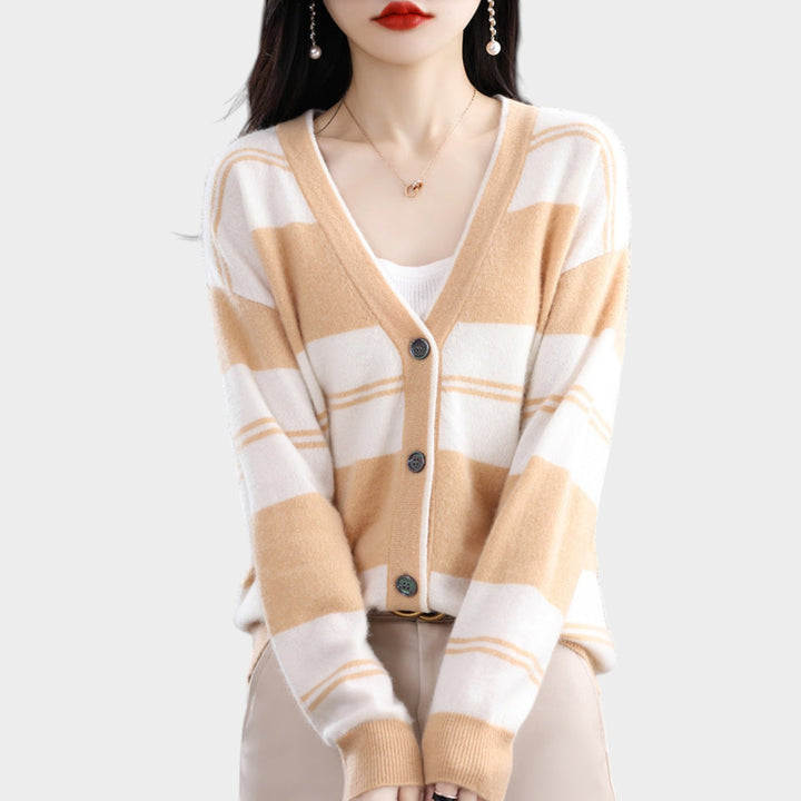 Women’s Knit Cardigan Block Stripe V Neck