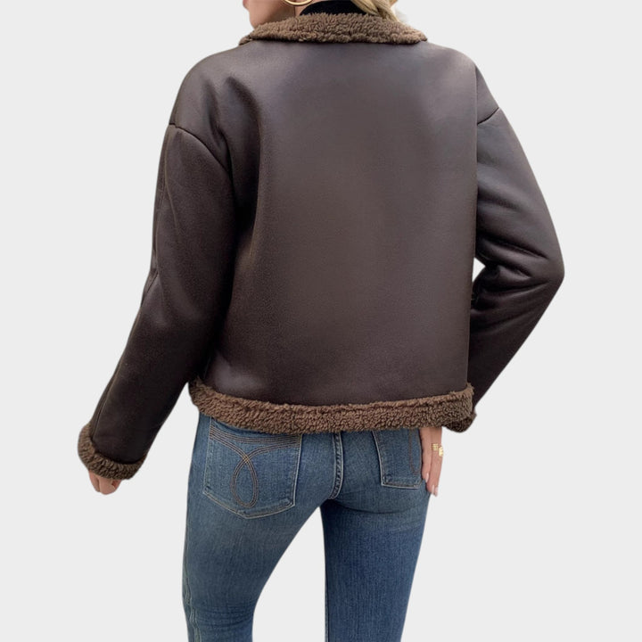 Women’s Leather Jacket Fleece Cropped Casual Front Patch Pockets