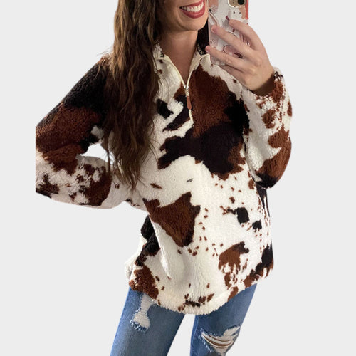 Women’s Quarter Zip Sweater Animal Print Long Sleeve