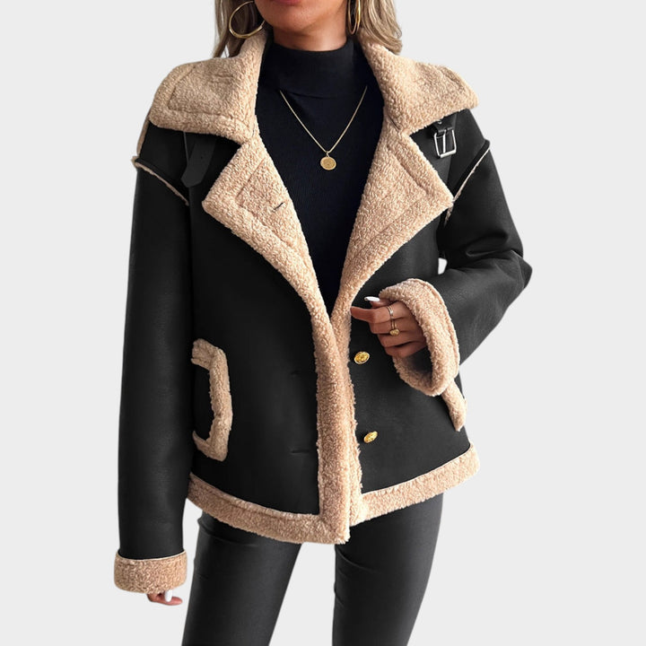 Women’s Fleece Jacket Leather Button Front Side Pockets