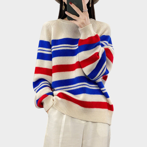 Women’s Striped Sweater Knit Crew Neck Oversized Fit