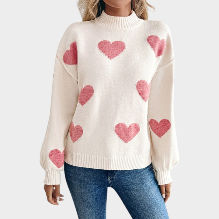 Women’s Knit Sweater Heart Intarsia Stand Collar