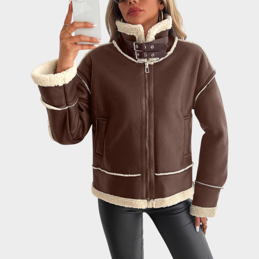 Women’s Leather Jacket Fleece Teddy Lined Zip Front