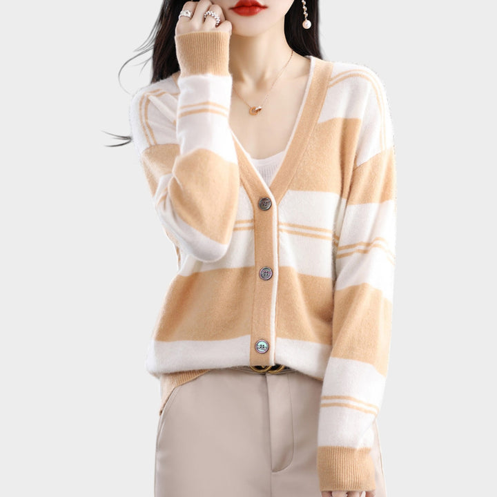 Women’s Knit Cardigan Block Stripe V Neck