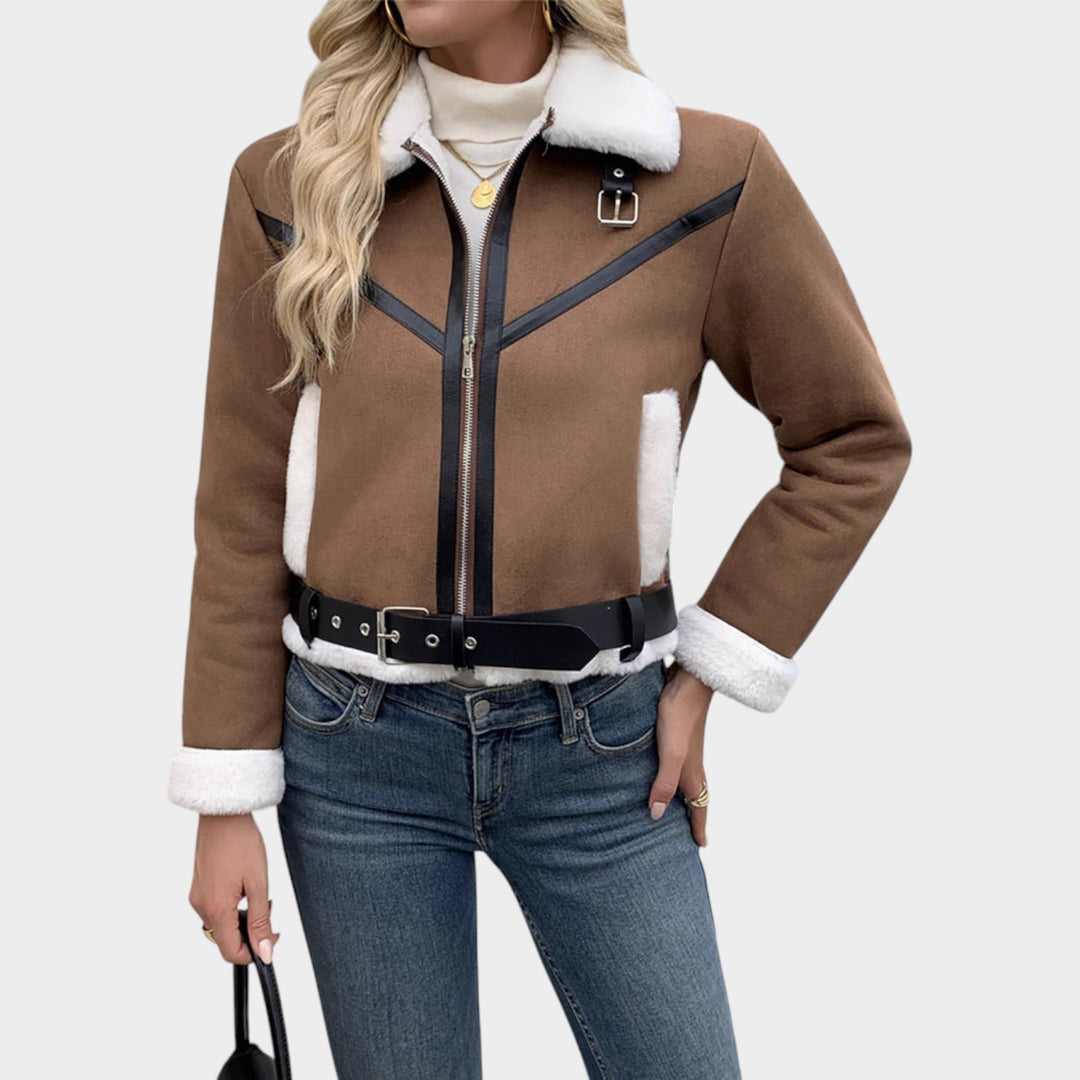 Women’s Fleece Jacket Leather Classic Collar Pocket Detail