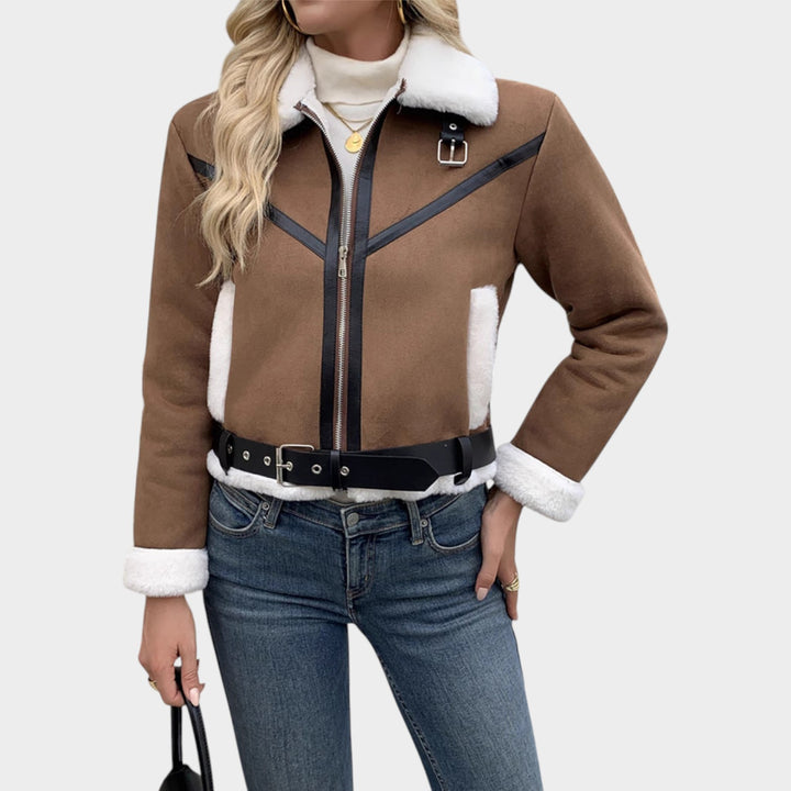 Women’s Fleece Jacket Leather Classic Collar Pocket Detail