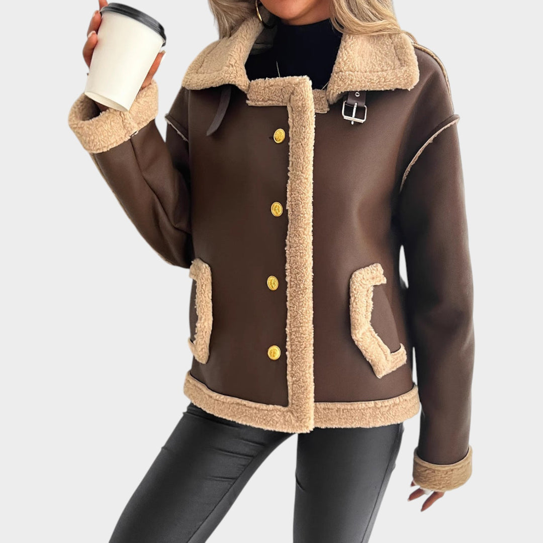 Women’s Fleece Jacket Leather Button Front Side Pockets