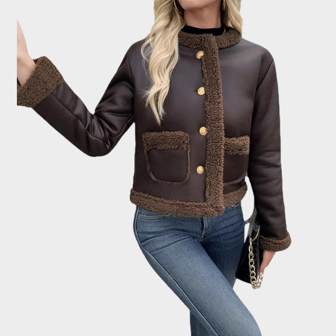 Women’s Leather Jacket Fleece Cropped Casual Front Patch Pockets