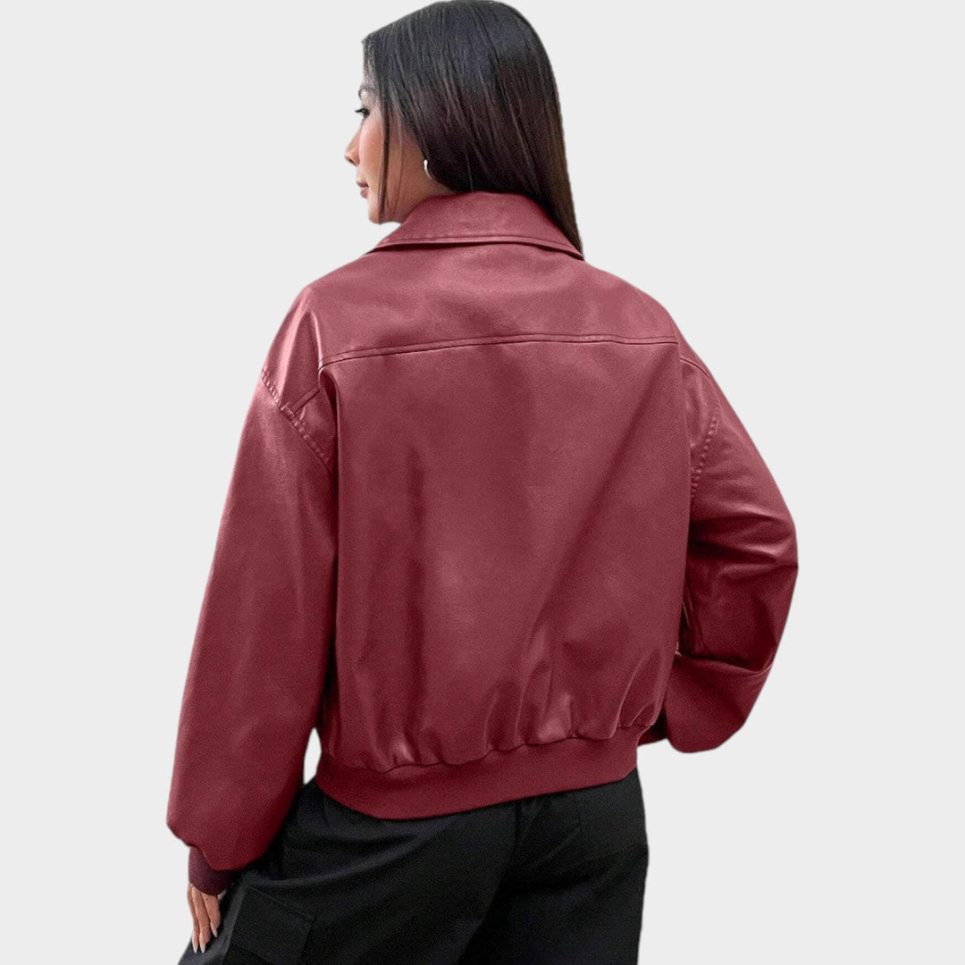 Women’s Leather Bomber Jacket Classic Collar Full Zip