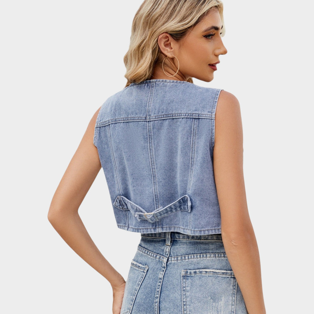 Ladies Cropped Denim Vest with Button Details and Chic Modern Accents