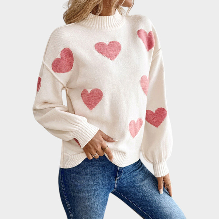 Women’s Knit Sweater Heart Intarsia Stand Collar
