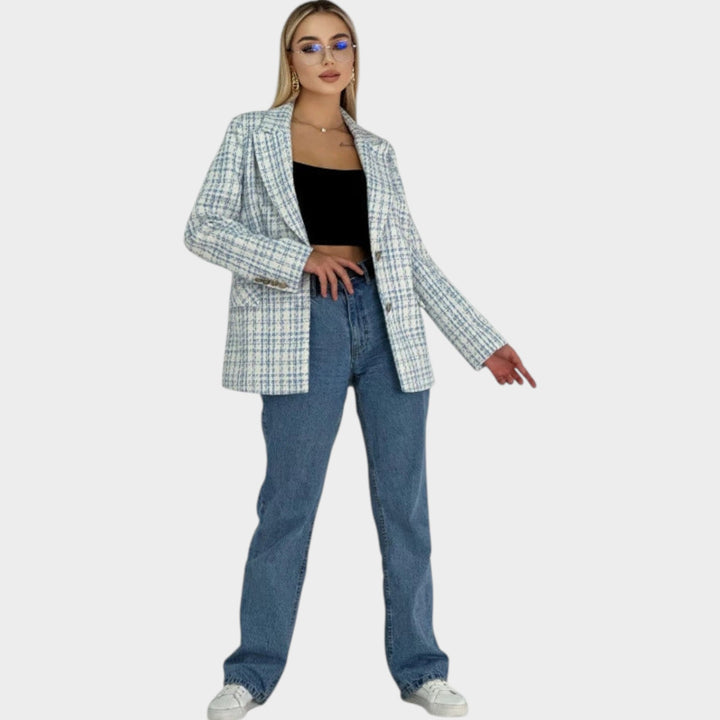 Women’s Tweed Blazer Plaid Elegant Button Detail