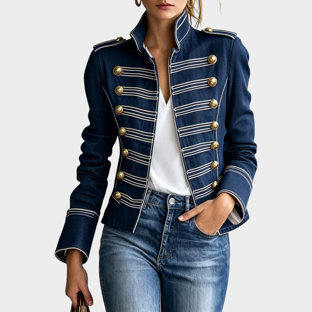 Women’s Denim Jacket Military Style Gold Button Front