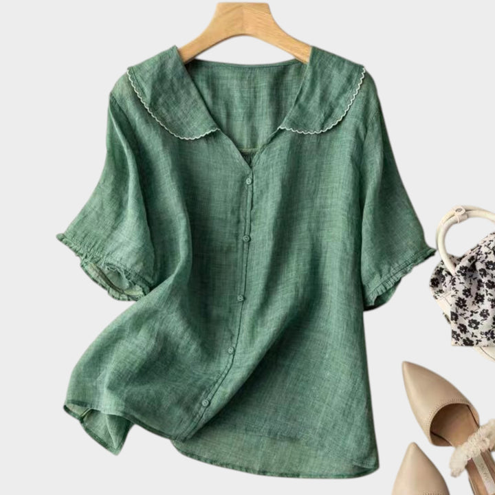 Linen Button-Up Blouse | Peter Pan Collar Casual Top