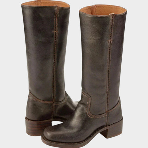 Women's Leather Knee High Boots Riding Low Block Heel