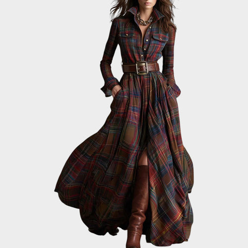 Women’s Plaid Maxi Dress Long Sleeve Belted Shirt Style
