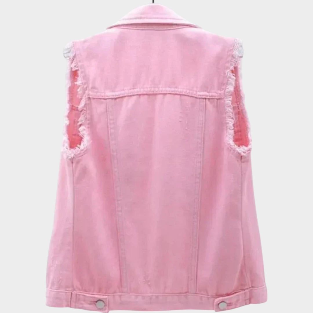 Sleeveless Denim Vest with Frayed Edges, Button Closure, Classic Collar &amp; Relaxed Fit