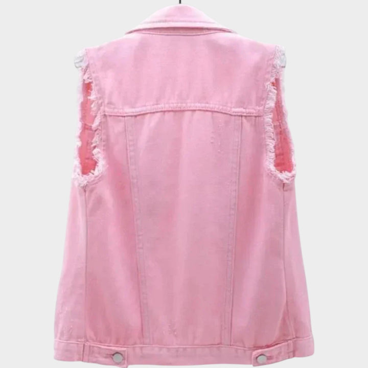 Sleeveless Denim Vest with Frayed Edges, Button Closure, Classic Collar &amp; Relaxed Fit