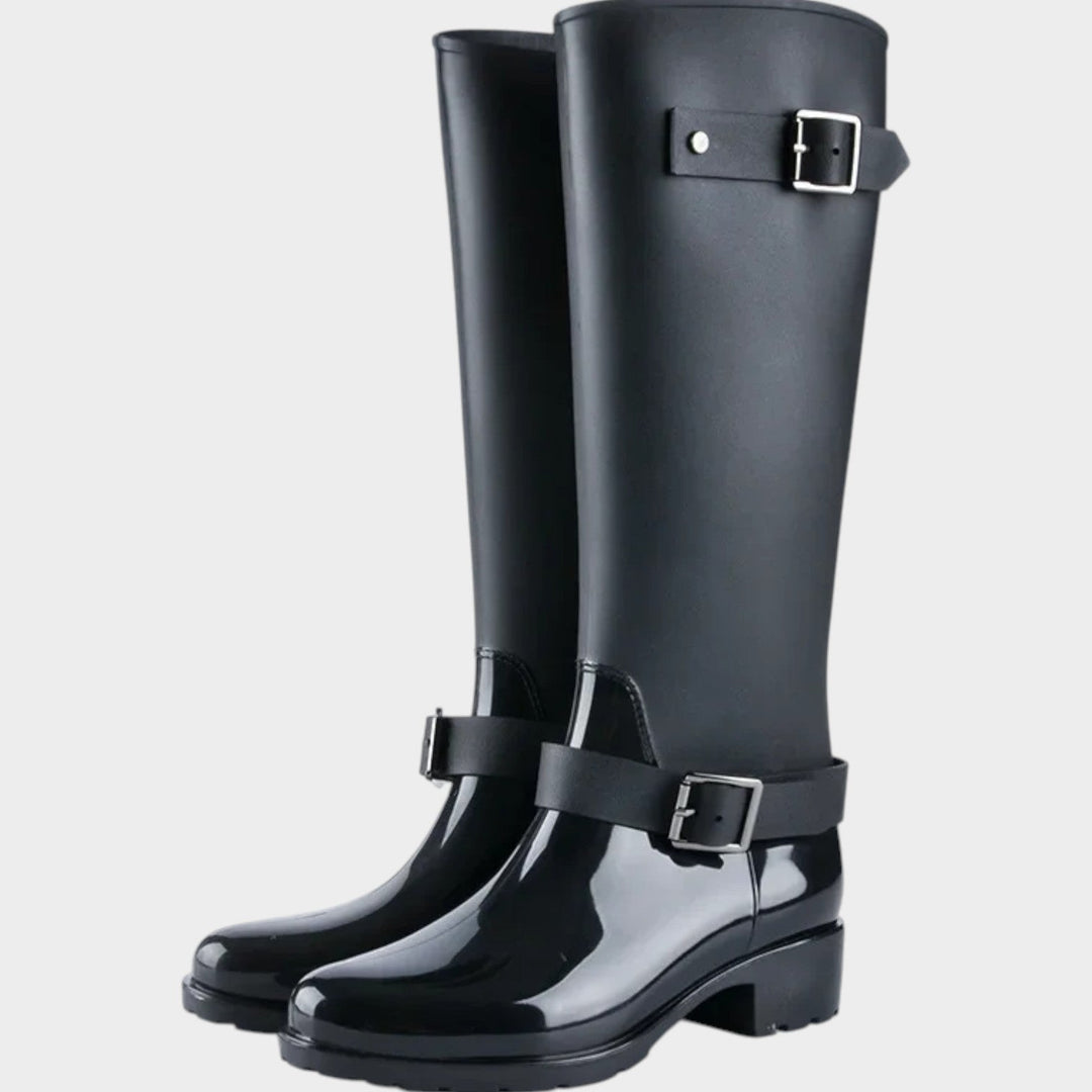 Waterproof Wellington Knee High Boots with Buckle Detail