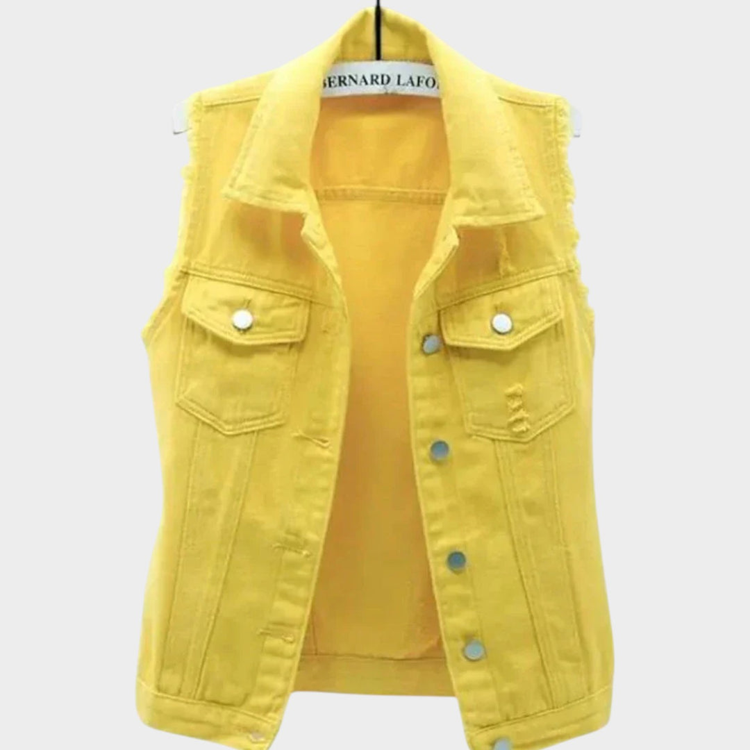 Sleeveless Denim Vest with Frayed Edges, Button Closure, Classic Collar &amp; Relaxed Fit