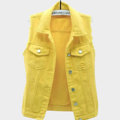 Sleeveless Denim Vest with Frayed Edges, Button Closure, Classic Collar & Relaxed Fit