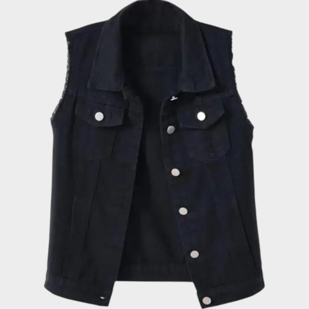 Sleeveless Denim Vest with Frayed Edges, Button Closure, Classic Collar &amp; Relaxed Fit