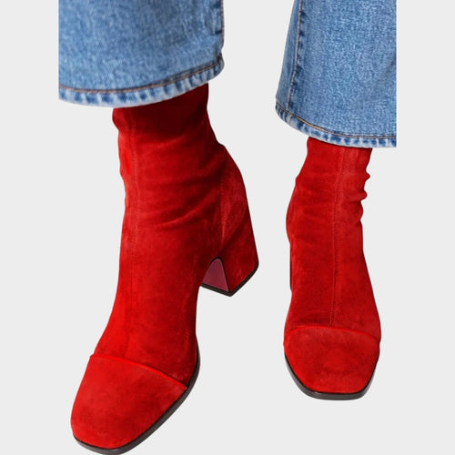 Women's Suede Ankle Boots Block Heel & Square Toe