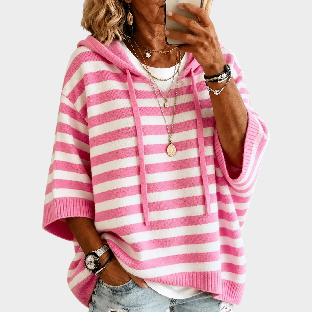Women’s Hooded Poncho Sweater Striped Drawstring Design