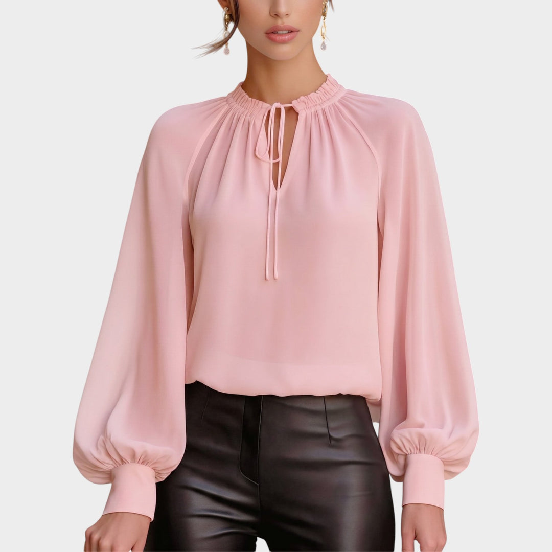 Women’s Chiffon Blouse Lantern Sleeve Lace Up Collar