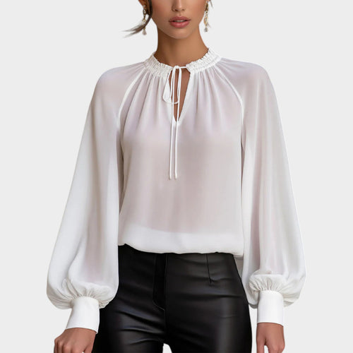 Women’s Chiffon Blouse Lantern Sleeve Lace Up Collar