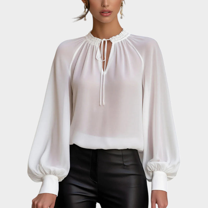 Women’s Chiffon Blouse Lantern Sleeve Lace Up Collar