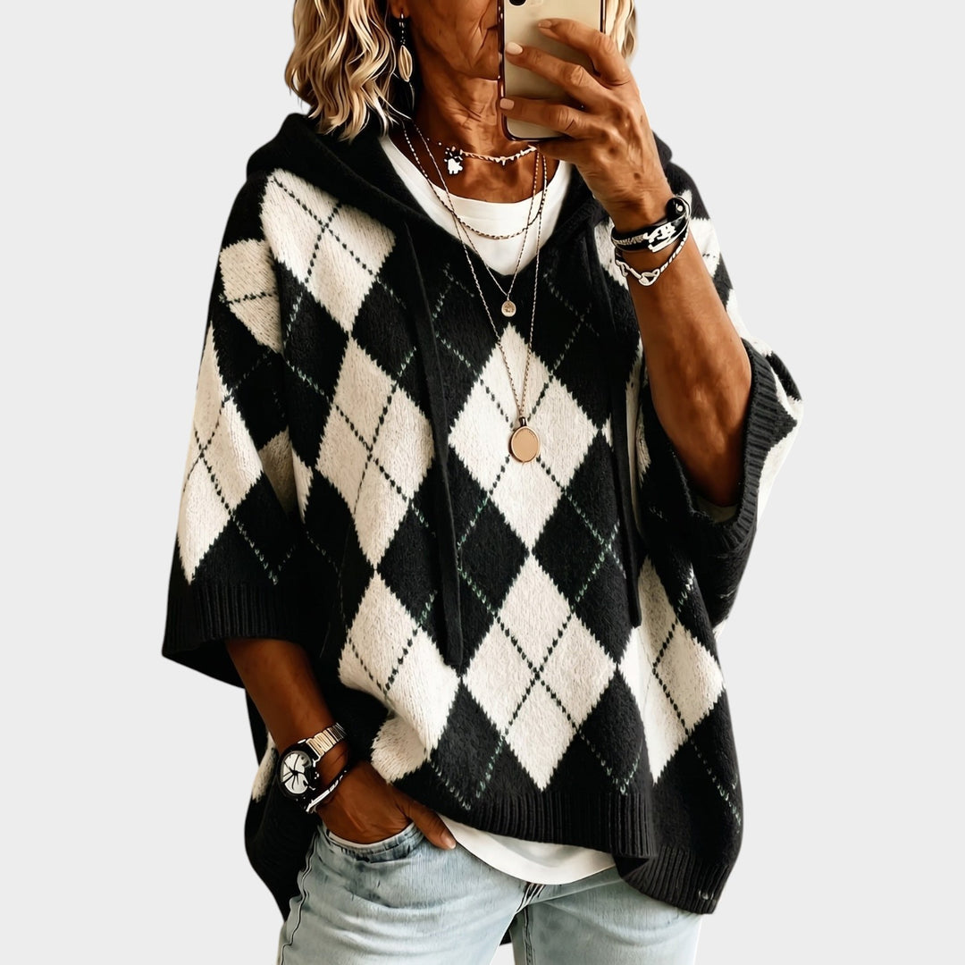 Women’s Chunky Knit Sweater Argyle Hooded Batwing Sleeve