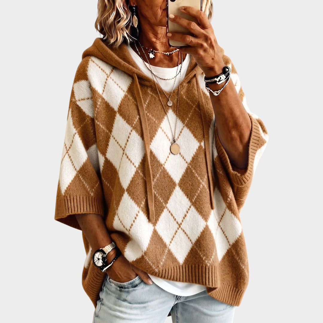 Women’s Chunky Knit Sweater Argyle Hooded Batwing Sleeve