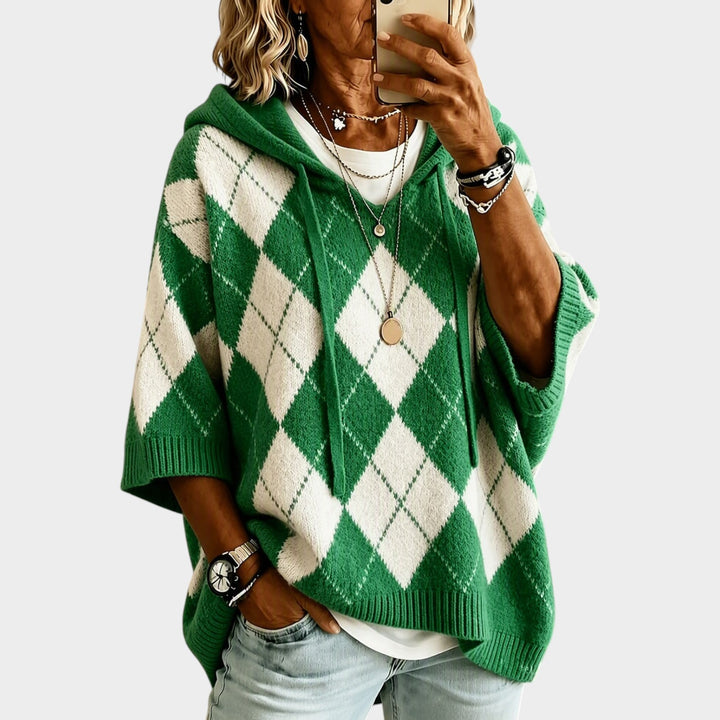 Women’s Chunky Knit Sweater Argyle Hooded Batwing Sleeve