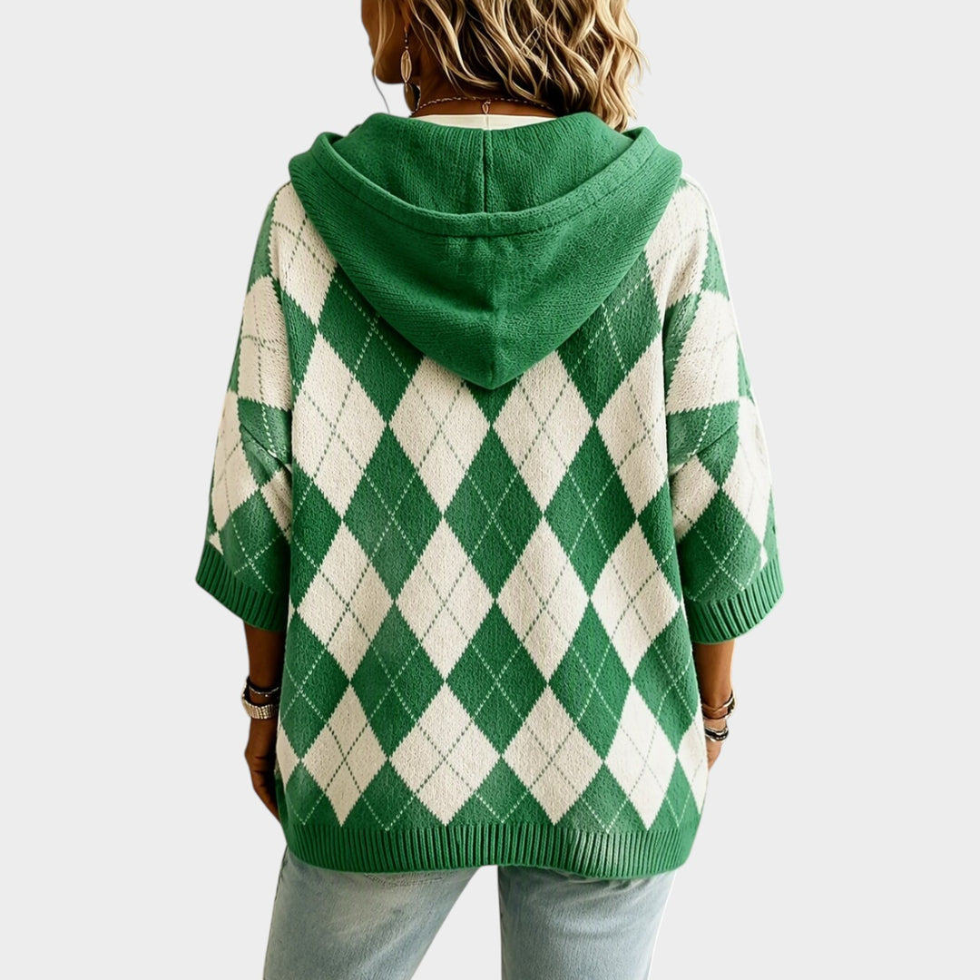 Women’s Chunky Knit Sweater Argyle Hooded Batwing Sleeve