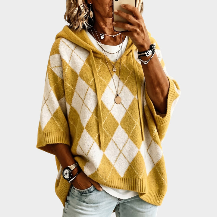 Women’s Chunky Knit Sweater Argyle Hooded Batwing Sleeve