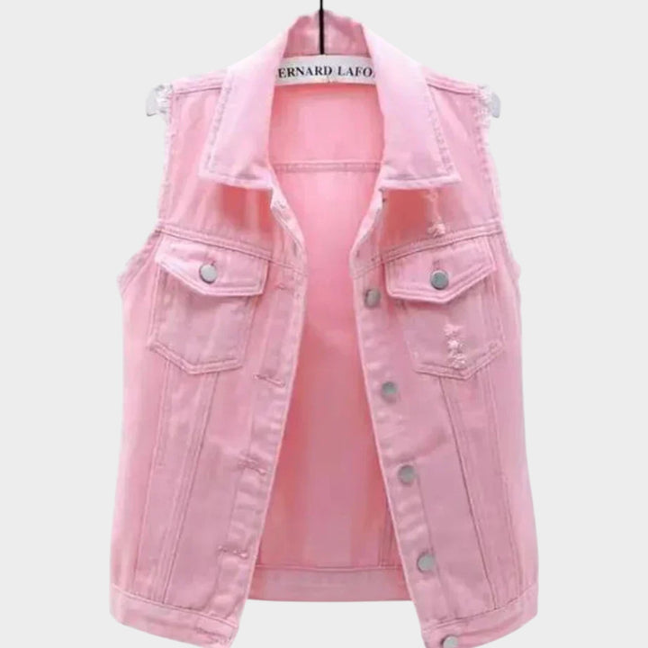 Sleeveless Denim Vest with Frayed Edges, Button Closure, Classic Collar &amp; Relaxed Fit