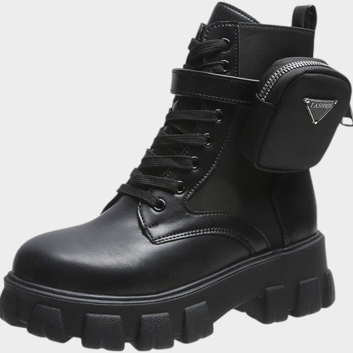 Leather Leather Ankle Boots with Chunky Sole and Zip Detail
