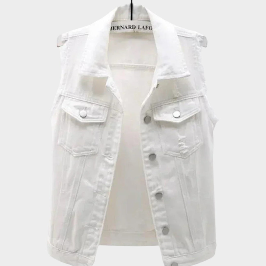 Sleeveless Denim Vest with Frayed Edges, Button Closure, Classic Collar &amp; Relaxed Fit