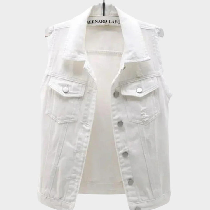 Sleeveless Denim Vest with Frayed Edges, Button Closure, Classic Collar &amp; Relaxed Fit