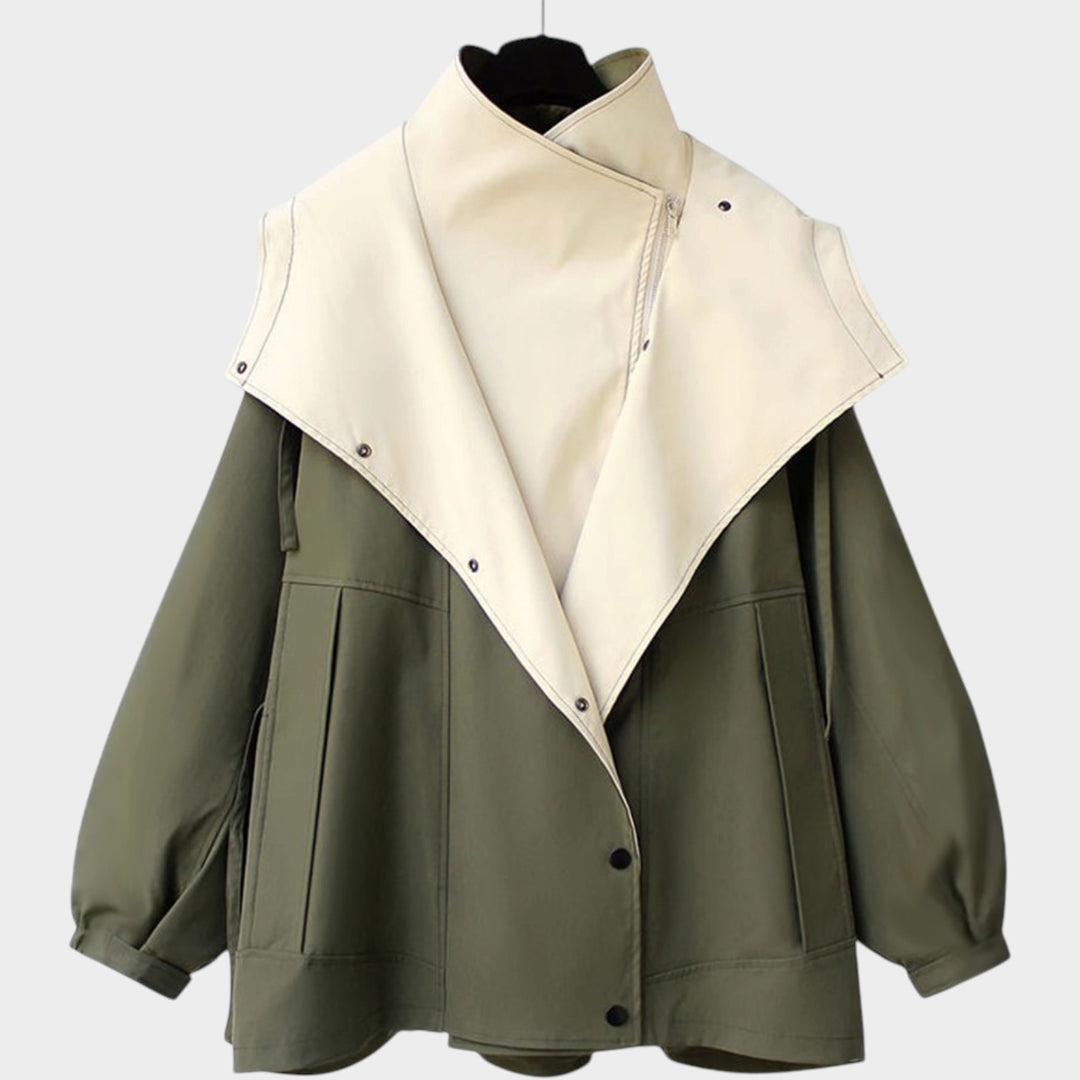 Women’s Color Block Trench Jacket Oversized Zip Front