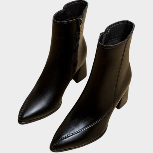 Women's Leather Ankle Boots Pointed Toe Block Heel