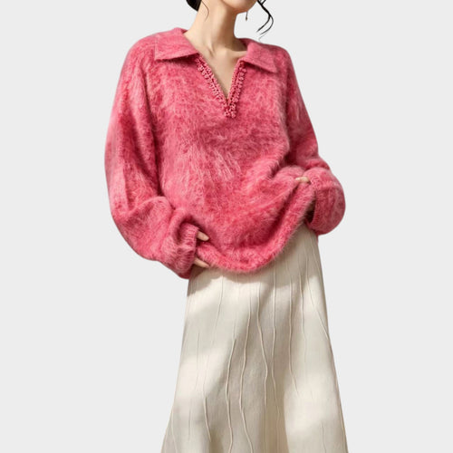 Women's V-Neck Knitted Sweater Polo Style Lace Trim