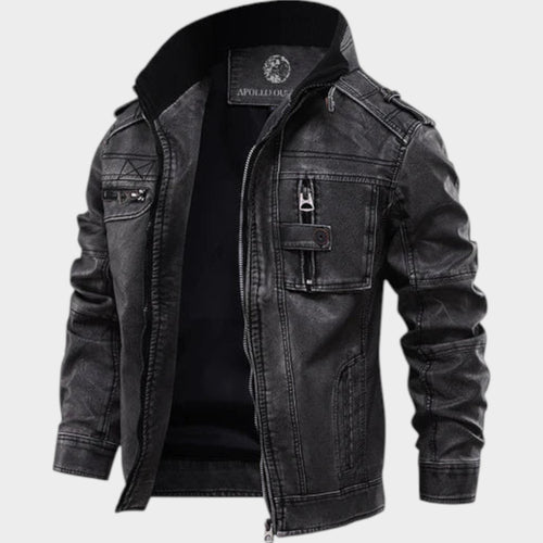 Men's Rugged Leather Jacket | With Stand Collar