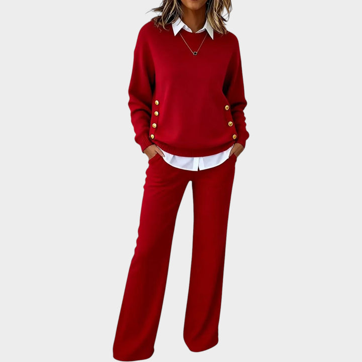 Women’s Knit Sweater &amp; Wide Leg Pants Two Piece Set Gold Button Detail