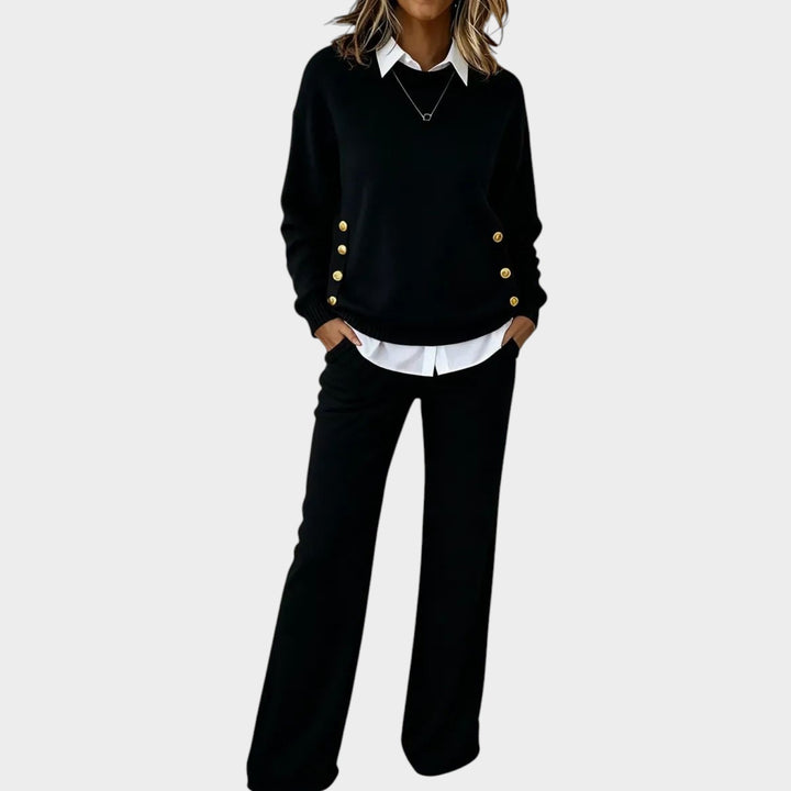 Women’s Knit Sweater &amp; Wide Leg Pants Two Piece Set Gold Button Detail
