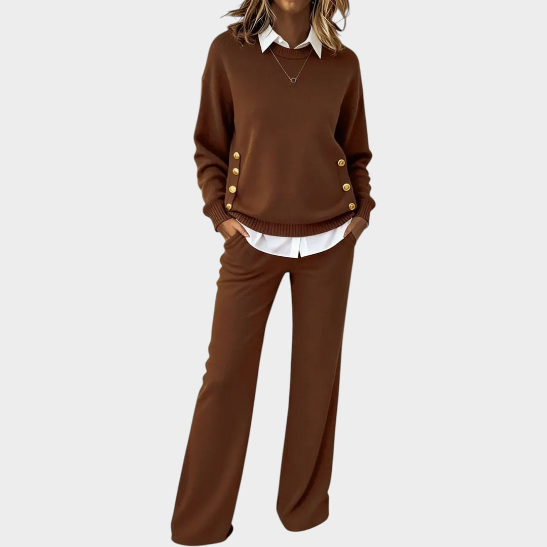 Women’s Knit Sweater &amp; Wide Leg Pants Two Piece Set Gold Button Detail