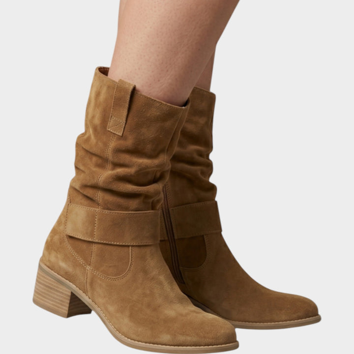 Women’s Suede Mid Calf Slouch Boots Side Zip Block Heel