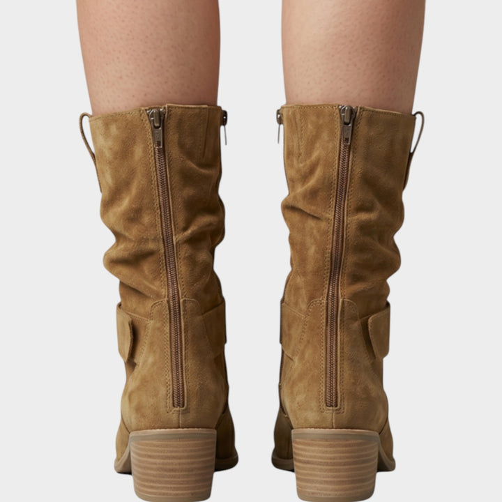 Women’s Suede Mid Calf Slouch Boots Side Zip Block Heel