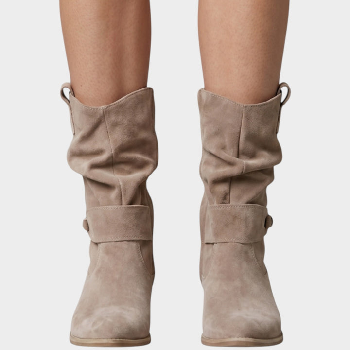 Women’s Suede Mid Calf Slouch Boots Side Zip Block Heel